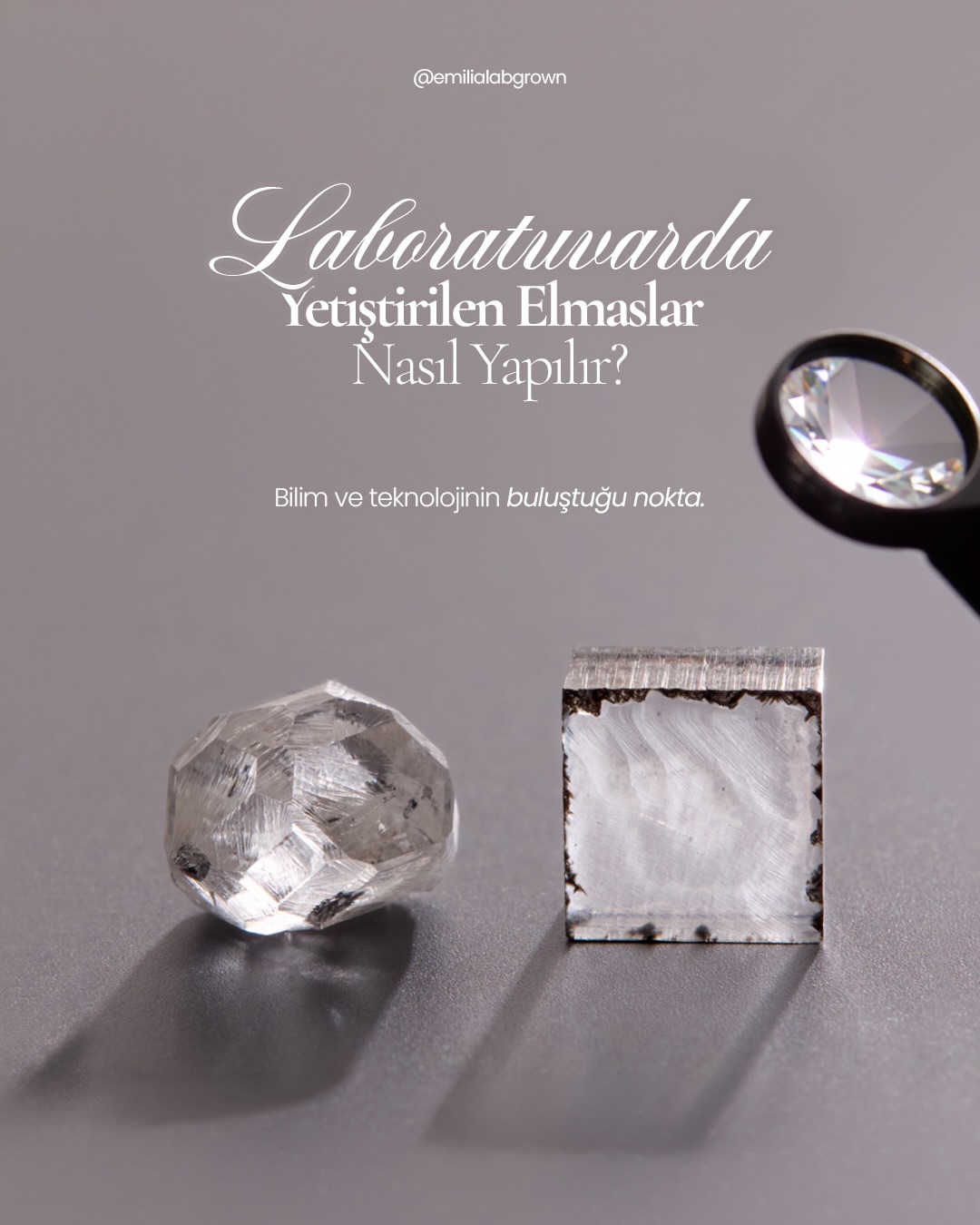 Laboratuvarda yetiştirilen elmasların nasıl üretildiğini anlatan Emilia Lab Grown görseli